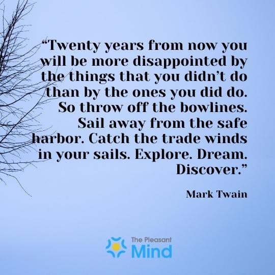 "Twenty years from now you will be more disappointed by the things that you didn't do than by the ones you did do. So throw off the bowlines. Sail away from the safe harbor. Catch the trade winds in your sails. Explore. Dream. Discover." - Mark Twain
