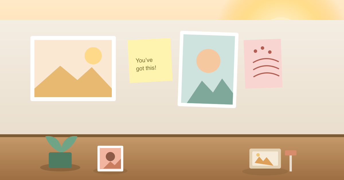 A sunlit desk and wall with a small vision board, an encouraging sticky note, and a framed photo, representing physical cues for optimism