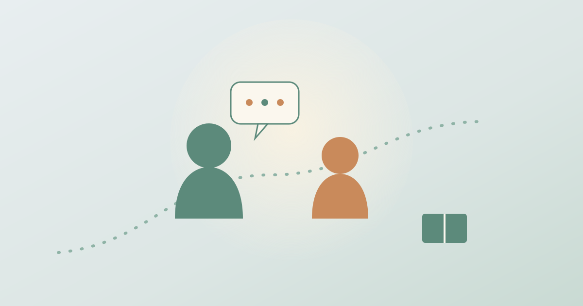 Two people in conversation with a speech bubble, representing a school counselor supporting a student