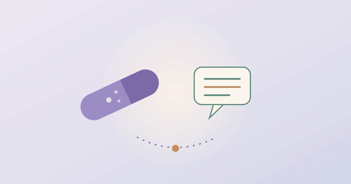 A medication capsule and a speech bubble side by side, linked by a connecting arc