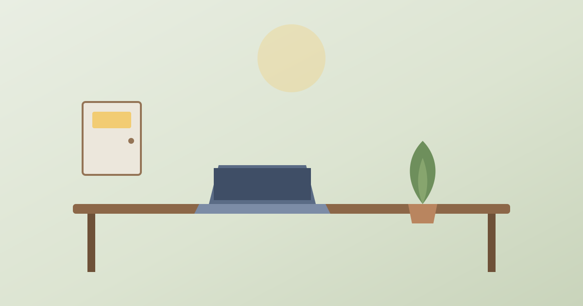 A calm private-practice desk scene with a laptop, a plant, and an open sign on the door