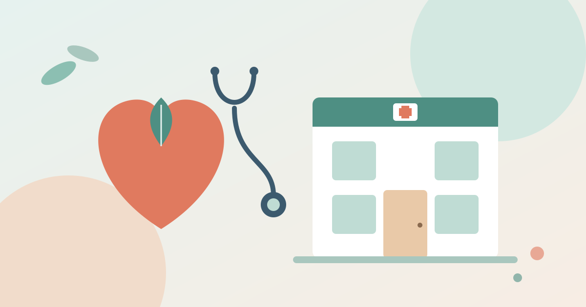 Illustration of a heart with a leaf, a stethoscope and a small clinic building